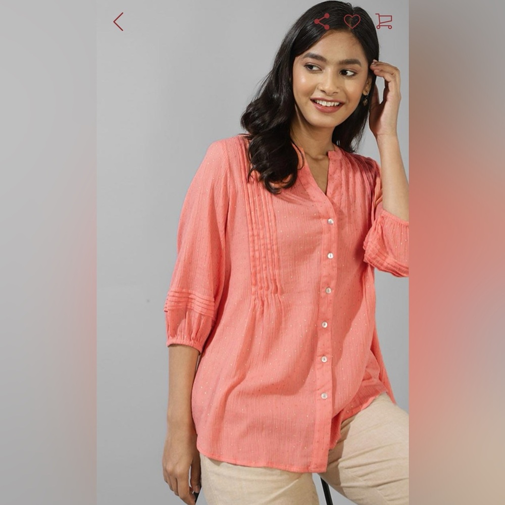 NWT Fabindia Coral 🪸 Gold Blouse Tunic pintucked 100% cotton hand block print L